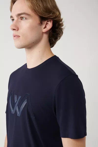 Мужская футболка темно-синяя с принтом, круглый вырез, мягкая ткань, свободный крой 