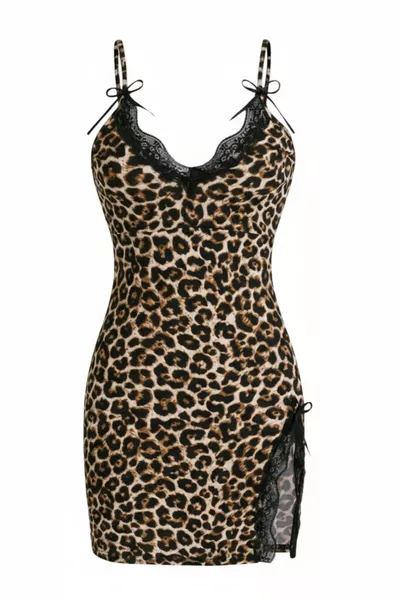 Ensemble de nuit élégant pour femme avec dentelle et nœud, motif léopard et fente