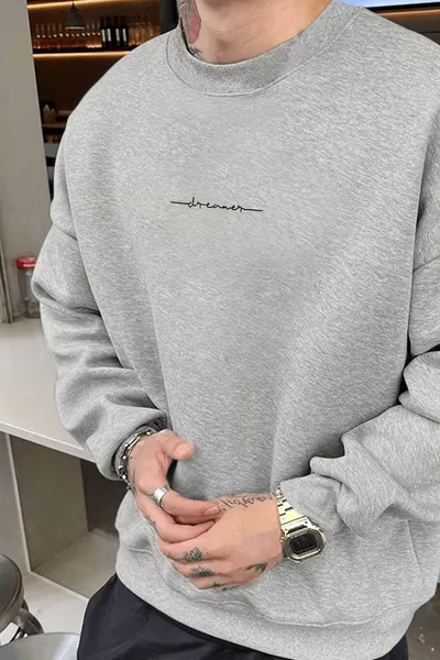 Men's Grey Dreamer Printed Crew Neck Oversized Loose Fit Fleece Sweatshirt