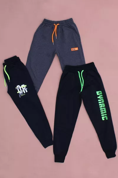 Triple Pack Boys' Jogger Pants with Different Print Details and Elastic Waist