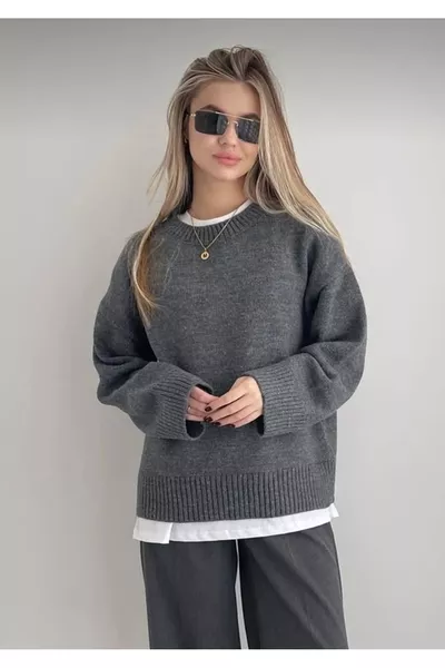 كنزة من صوف أنغرايت بقبة دراجة هوائية ومقاس واسع