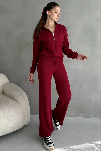Burgundy Ribbed Knit Pants Bomber Jacket Women's Set