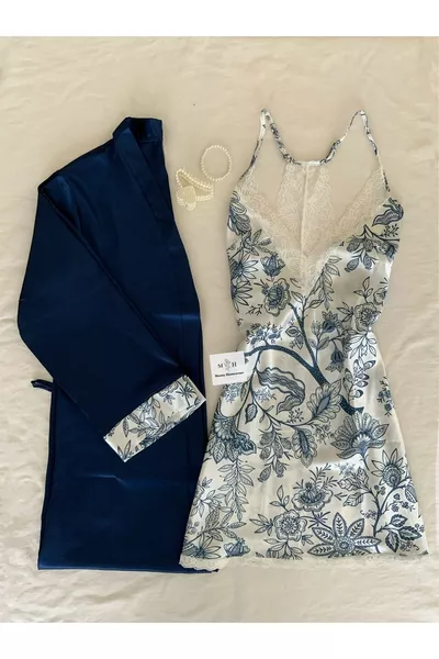 طقم نوم ساتان بتوت الأزرق