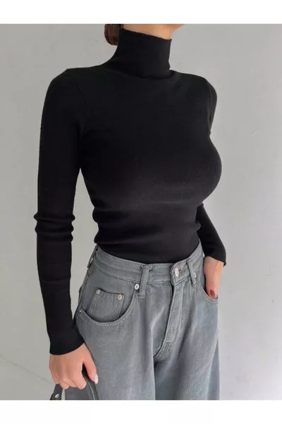 Unisex Dark Black Premium Cotton Ribbed Turtleneck Sweater with Slim Fit and Brushed Finish