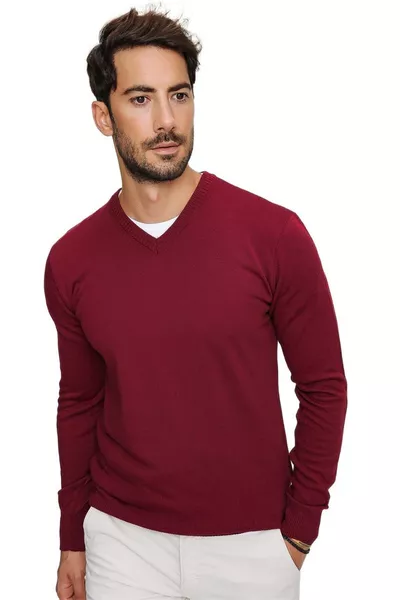 كنزة رجالية عنق V صوف بوردو 