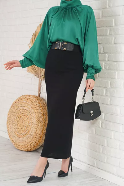 Black Pencil Skirt with Elastic Waist and Lycra