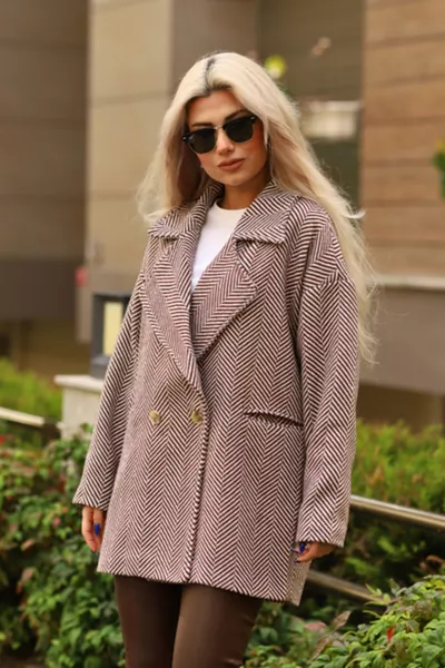 معطف صوف مبطن بنمط عظمة السمك، مقاس كبير، بلون بني