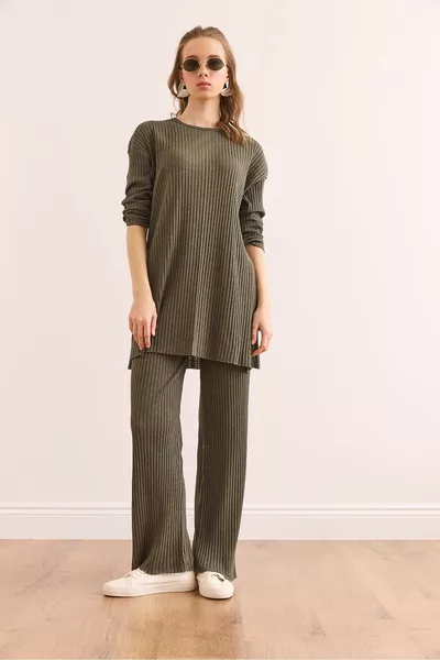 Women's Khaki High-Slit Top with Palazzo Ribbed Set 