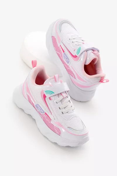 Детски унисекс спортни обувки с бяла и розова EVA подметка, с велкро и гумени връзки, с шарка