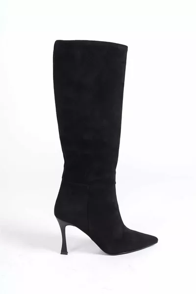 -S Dames Suède Dunne 9 cm Hoge Hakken Puntige Neus Zwarte Lange Laarzen