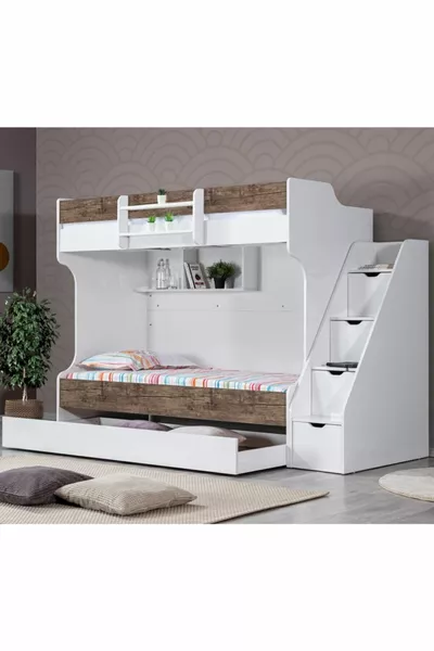 Letto a castello, Letto a castello con scomparto Kardem - Noce + 3 Materassi Comfort