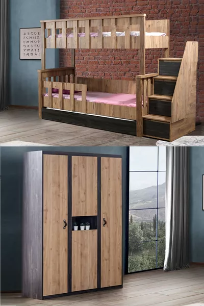 Двуетажно легло с отделящ се диван и кошара с трикрилен гардероб Doğa