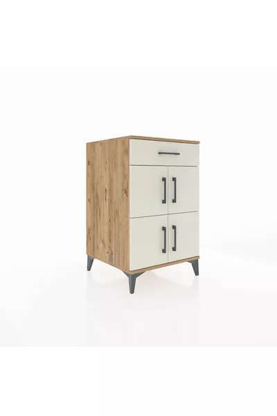 Comodino Kronos con un ripiano, un cassetto e 4 ante, pino-pietra