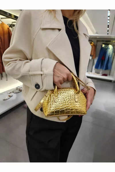 Stores Women's Shiny Mini Crocodile Pattern Zippered Handbag with Short and Long Straps