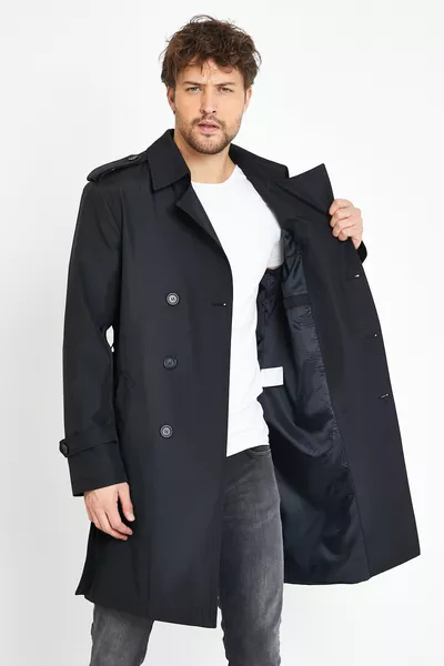 Plaid Lining Detailed Men's Overcoat & Trench Coat Black