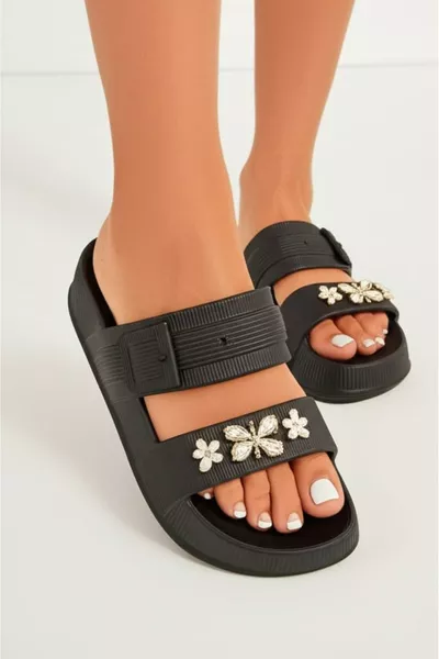 Evona Femme Noir Tongs à Strass Adaptées aux Surfaces Humides