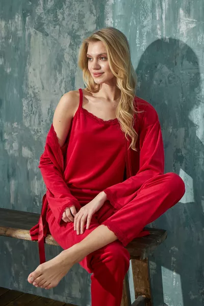 نسائي فرنسي مخملي أحمر ثوب بيجامة 3 قطع طقم مهر