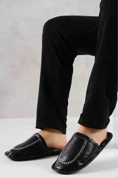 Men's Black Leather-Look Soft Sole Slippers