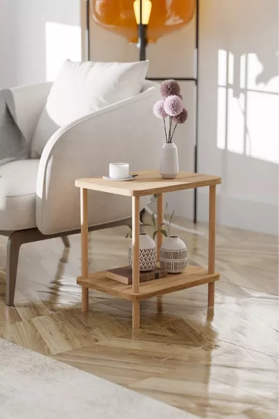 طاولة جانبية ذات رفين مع رف للصحف ورف للكتب وحامل للزهور وجانب متعددة الاستخدامات