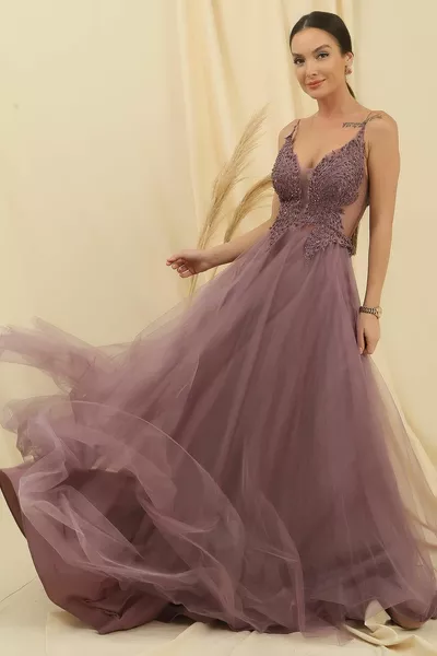 Touw riem Guipure kraal gedetailleerd gevoerd lange tule jurk