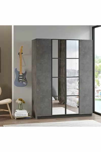 New Home 4-Door Mirrored Wardrobe with Drawers Clothing Cabinet Concrete -rg