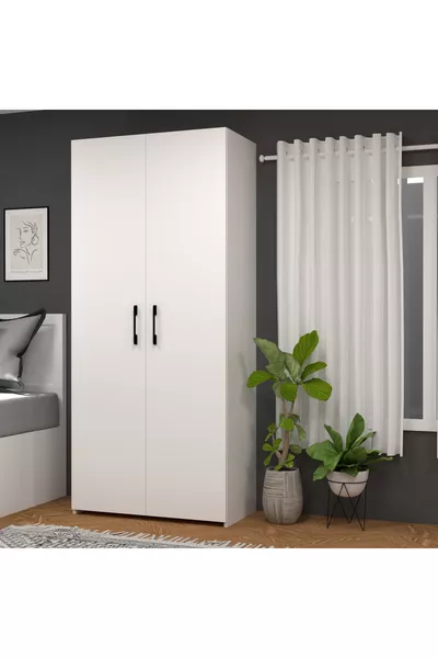 خزانة ملابس Retro-8 ببابين وحمالتين باللون الأبيض