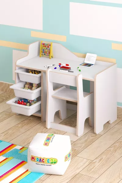 Bureau d'étude pour enfant Cm avec 3 paniers et chaise avec dossier pour enfant