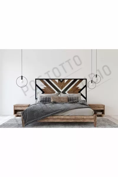 لوح سرير مزدوج خشبي بوهو مصنوع يدويًا