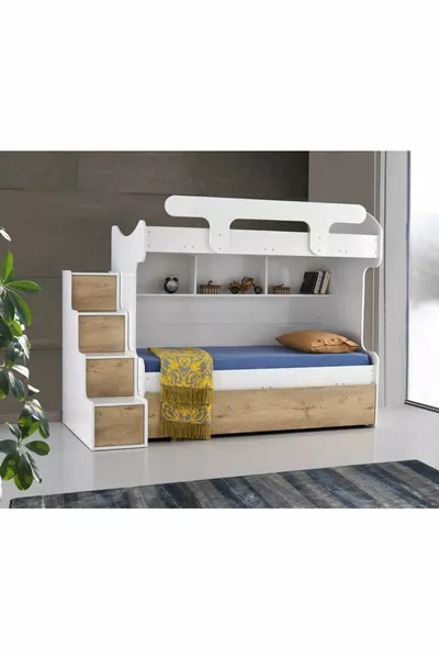 Samara Bunk Bed - 3-Bed Bunk Bed with Ladder - Bunk Bed with Trundle - Glossy White-Sonoma Walnut