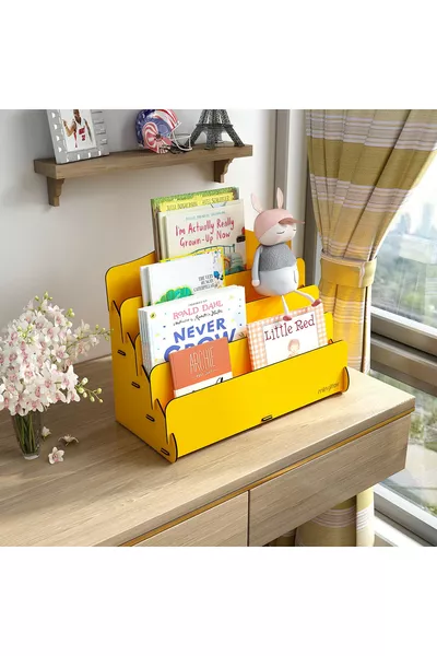 مكتبة الأطفال المصغرة من مونتيسوري لاكي، مكتبة خشبية للأطفال من 4 رفوف، مكتبة صغيرة على المكتب