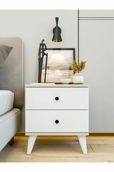 كومودينة قرطبة خشبية بدرجين باللون الأبيض اللامع والبني لغرفة النوم