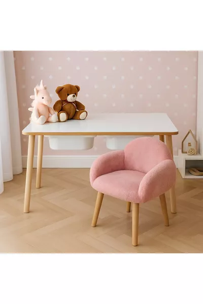 Wooden Kids Table, Ottoman, and Armchair Set