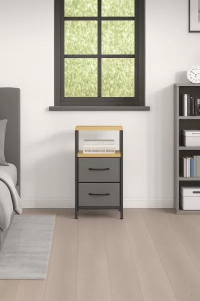 Нощно шкафче с 2 рафта, с кожено чекмедже, организатор за спалня, метално шкафче