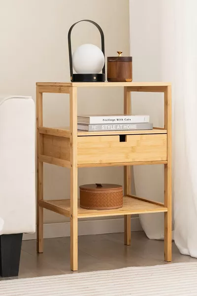 Bamboe nachtkastje met lade en plank, slaapkamer zijtafel, ladekast organizer