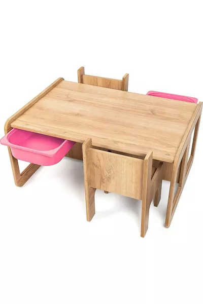 Table enfant pour 2 personnes – MDF Noyer - Rose avec tiroir