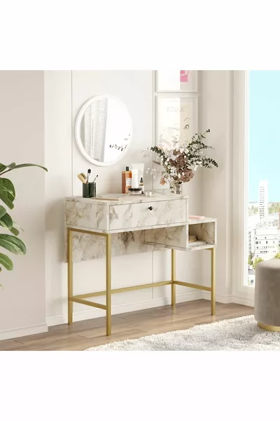 Table de maquillage Voyage Gold Metal avec miroir et motif marbre -ge