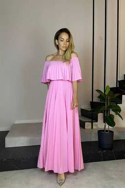  Madonna Collar Pleated Design Dress Powder Pink