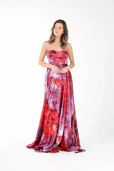 Red Patterned Satin Strapless Evening Dress