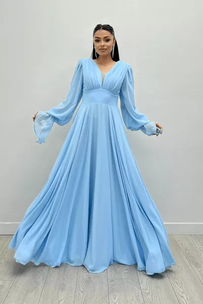 Chiffon Fabric V-Neck Drawstring Detailed Maxi Dress - BUZ MAVI