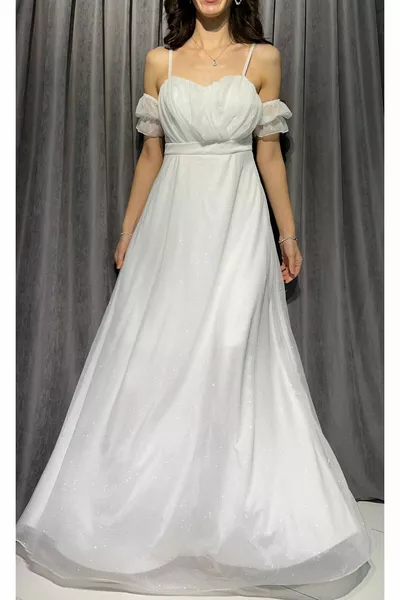 KADIN ASKILI VE OMUZ DETAYLI SİMLİ PARLAK ABİYE ELBİSE