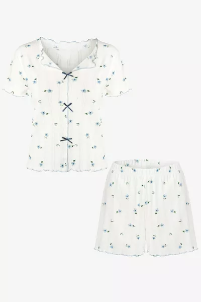 Women's Floral Print Bow Ribbed Short Sleeve Shorts Set