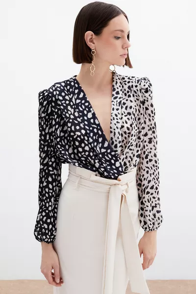 Kruvaze Desenli Bodysuit - Bej-Siyah