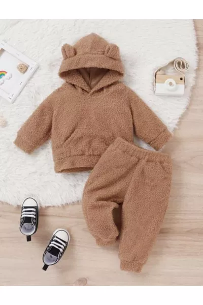 Unisex Plush Kids Top and Bottom Welsoft Set - Brown