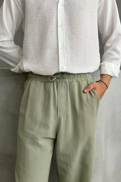 Erkek Beli Lastikli Baggy Kalıp Keten Pantolon