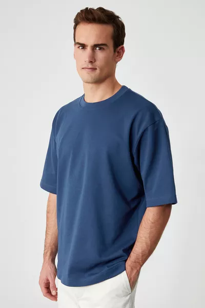 Мужская футболка Solo, % органический хлопок, толстая текстура, комфортная посадка, воротник-стойка, темно-синяя