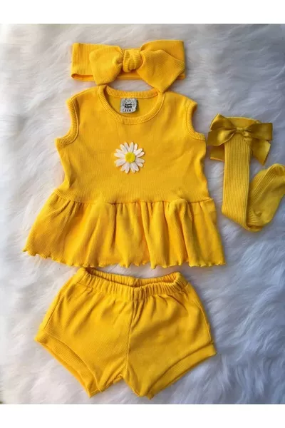 Baby Girl Ribbed Mustard Yellow Daisy Pattern Top and Bottom Set