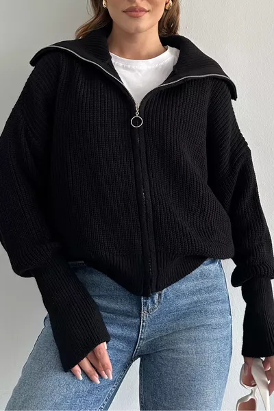 Black Zip-Up Cardigan with Slouchy Collar