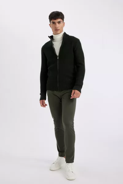 Regular Fit Halflange Col Geritste Gebreide Trui met Rits wn