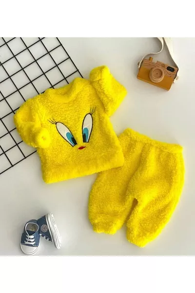 طقم لُعب للأطفال من الفرو الأصفر بطيور صغيرة للجنسين