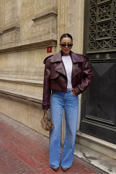 Burgundy Leather Short Trench Coat with Panel Detail